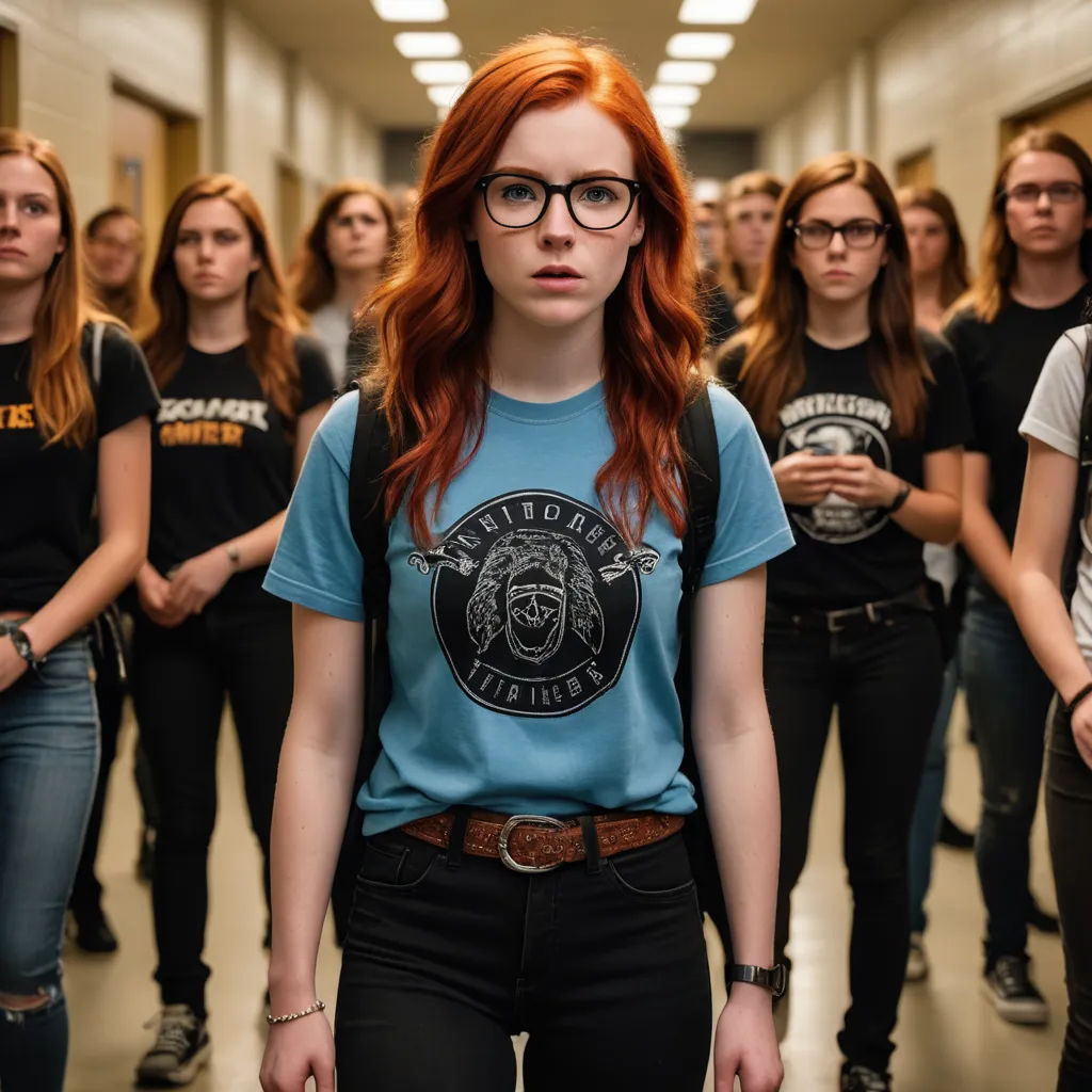 a group of young women standing in a hallway together, all wearing black and blue shirts and jeans,, vancouver school, poster art, Barbara Greg, movie still