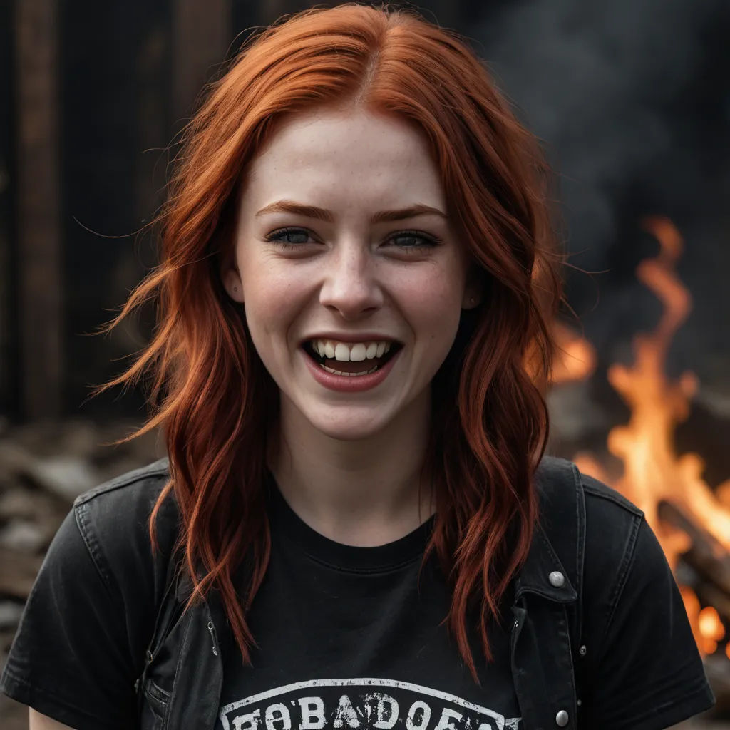 a woman with red hair smiling in front of a fire pit with flames in the background and a black shirt with a red hair, antipodeans, a character portrait, Arabella Rankin, red hair