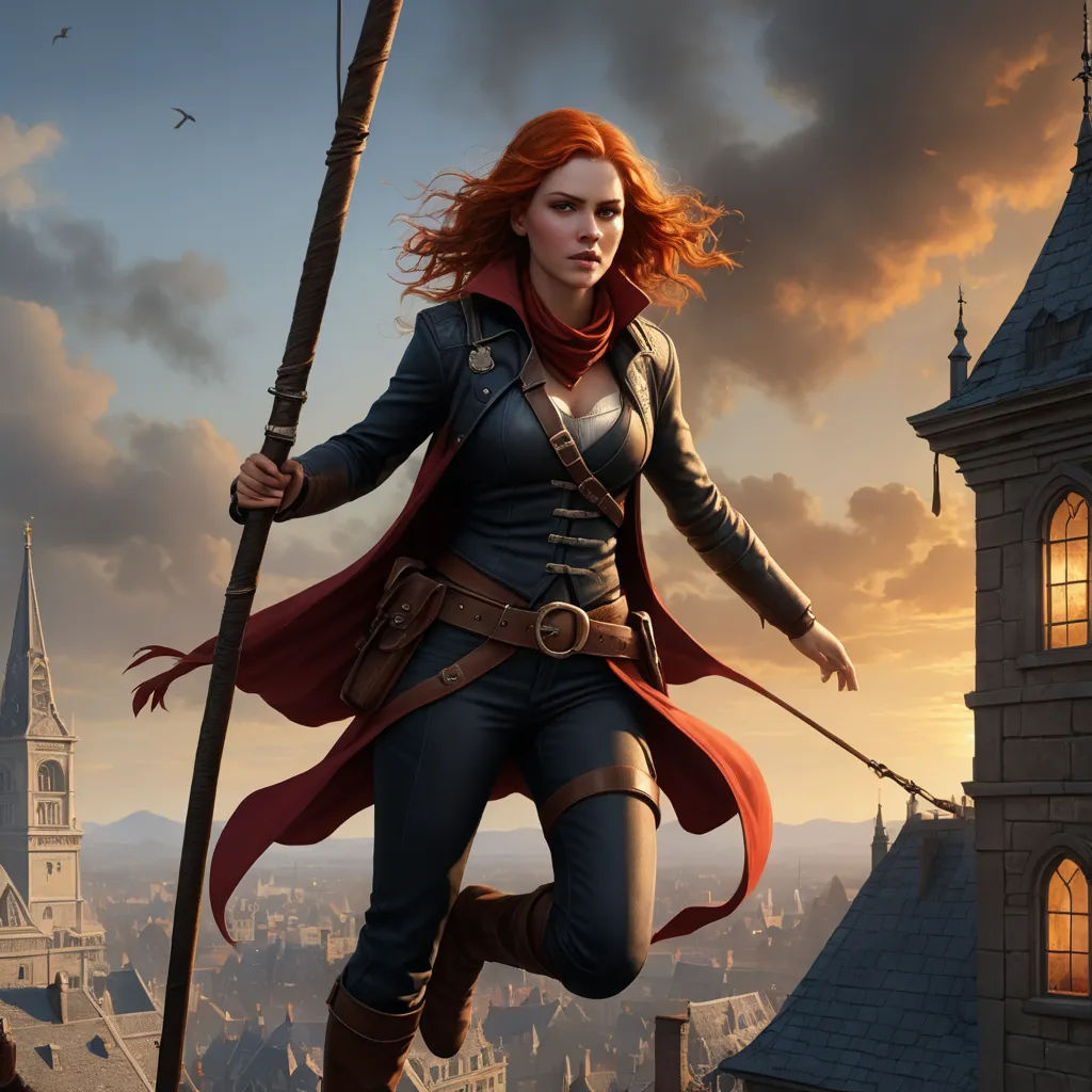 a woman in a red cape and black outfit is holding a staff and a sword in her hand while standing on a roof, fantasy art, concept art, Clint Cearley, magic the gathering artwork