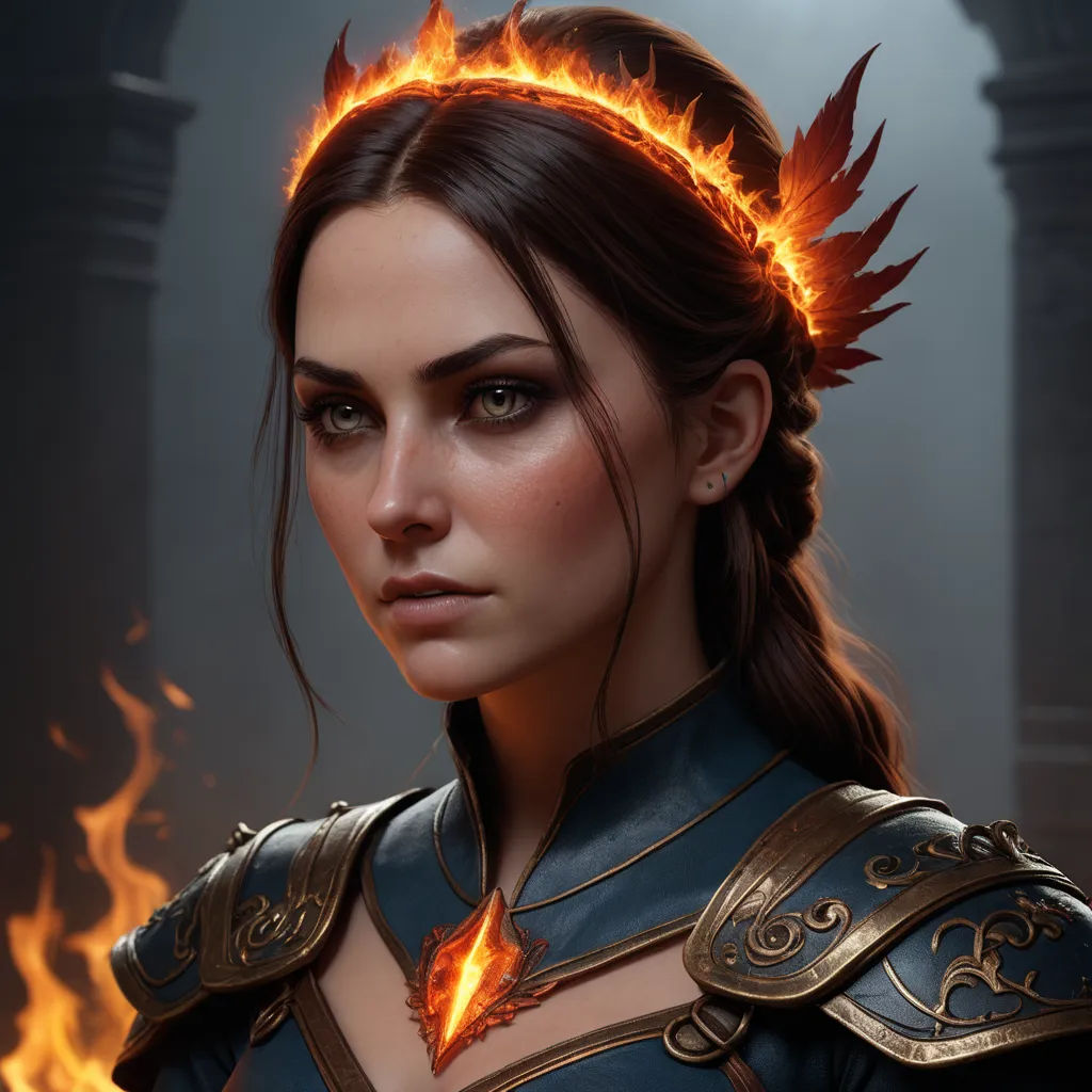 a woman with a crown of fire on her head and a fire around her neck, in a fantasy setting, fantasy art, a character portrait, Clint Cearley, trending on artstation hq