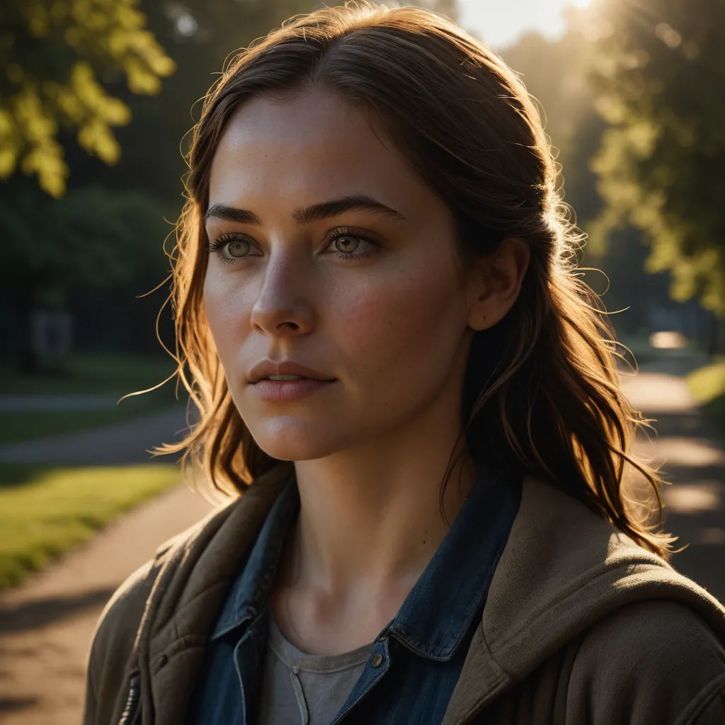 a woman standing on a road with trees in the background and a sun shining on her face and shoulders, photorealism, a character portrait, Eve Ryder, promotional image