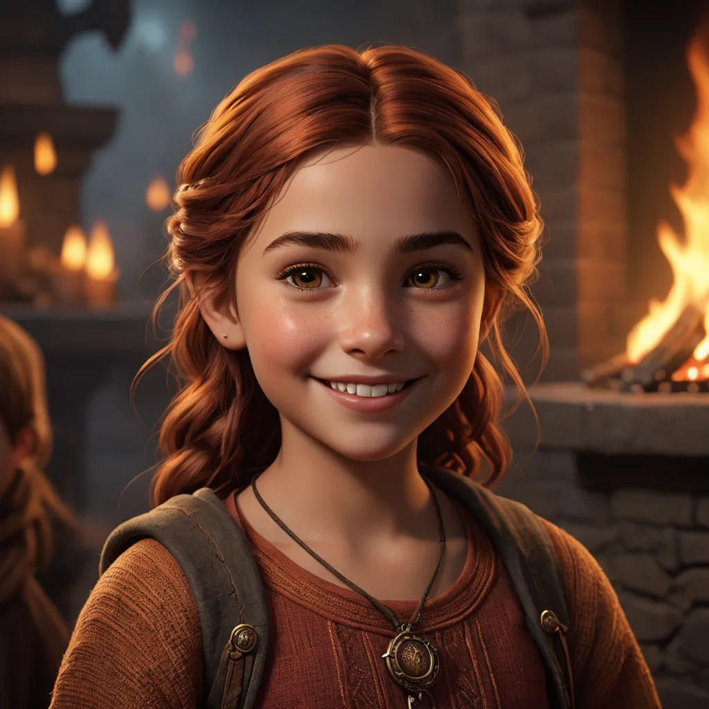 a young girl standing in front of a fire place with a smile on her face and a red hair, sots art, a character portrait, Anne Said, official art