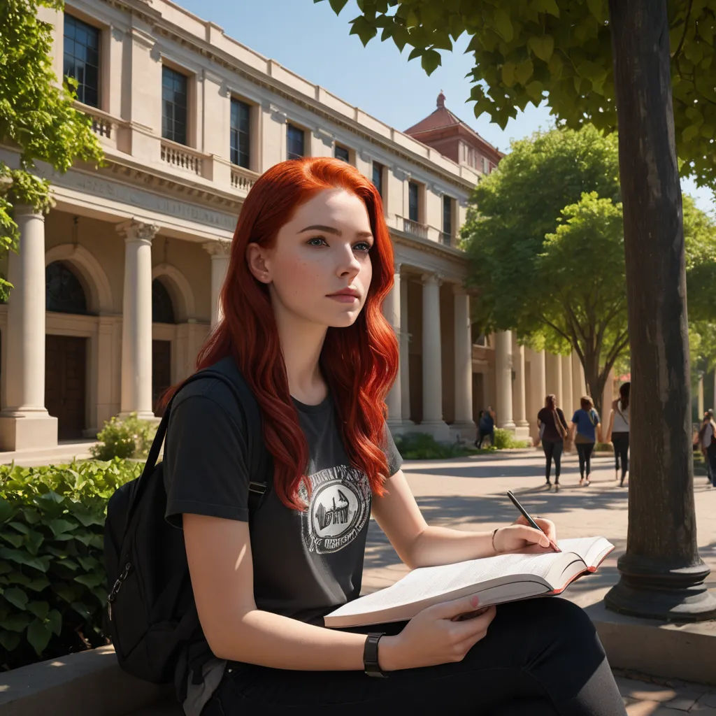 a woman with red hair sitting on a bench writing on a book and holding a pen in her hand, academic art, a detailed matte painting, Artgerm, photorealistic lighting
