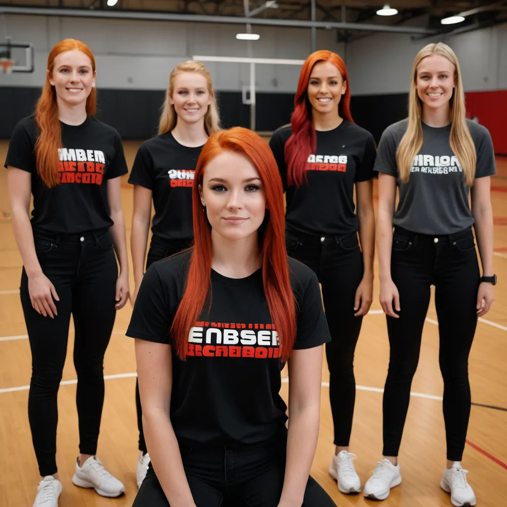 a group of women standing on top of a basketball court wearing black shirts and pants with red hair and white shoes, arbeitsrat für kunst, a stock photo, ESAO, elden ring