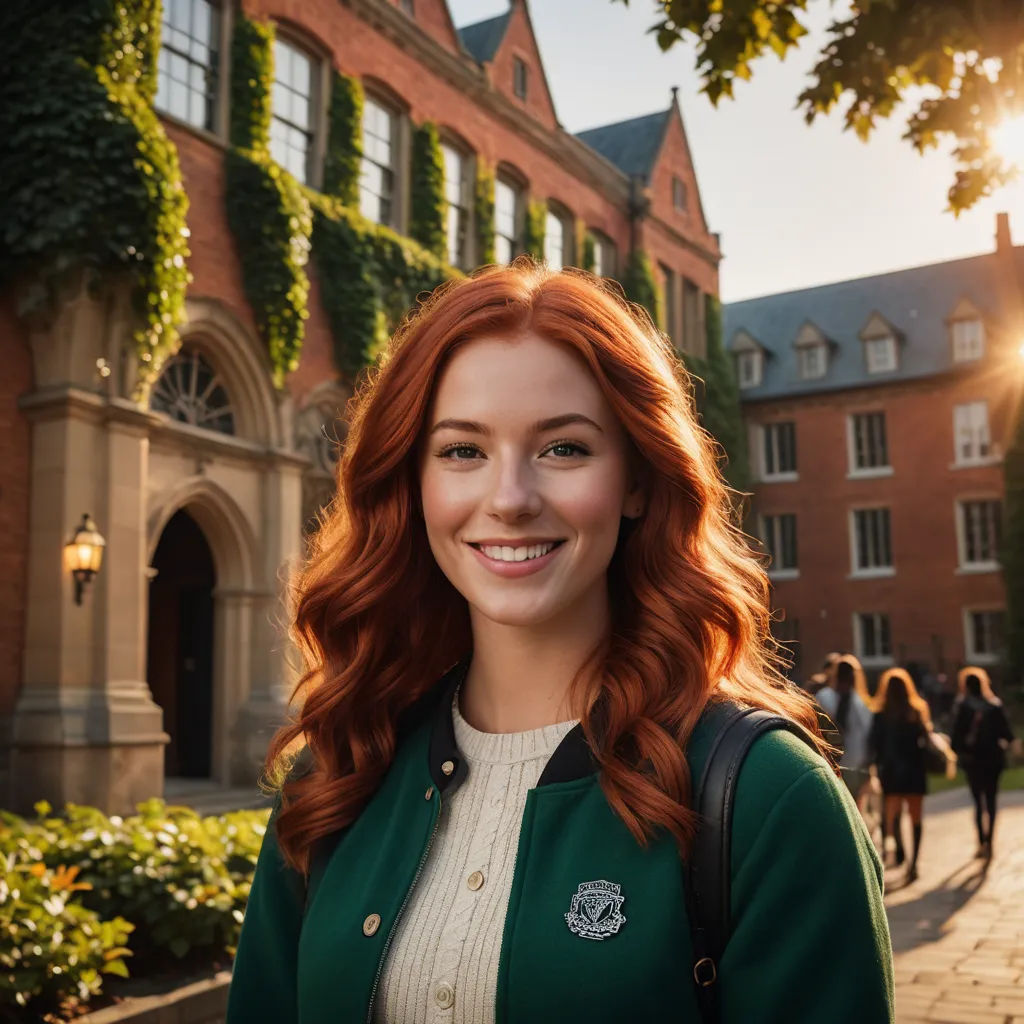 a woman with red hair and a green jacket smiling at the camera in front of a building with ivy covered windows, american barbizon school, a stock photo, Caroline Chariot-Dayez, promotional image