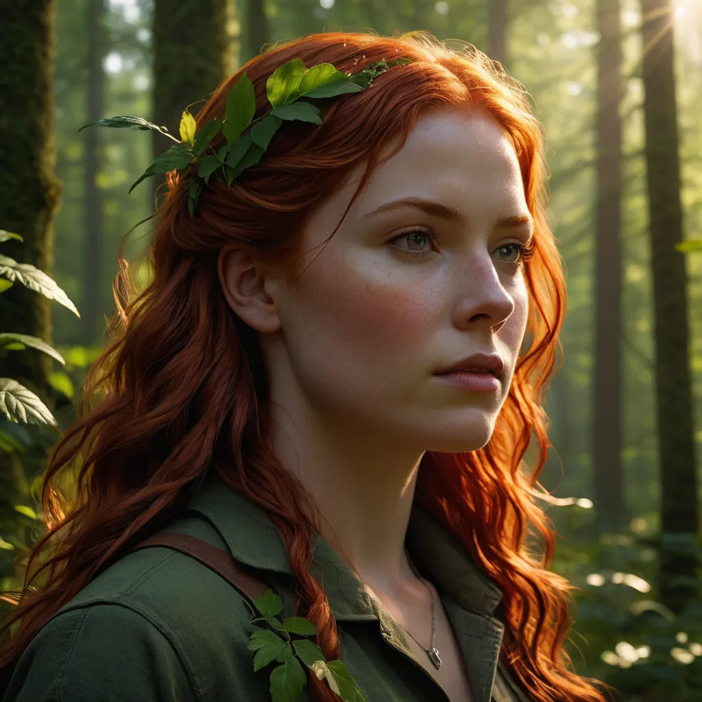 a woman with red hair and a wreath of leaves on her head in a forest setting with sunlight shining through the trees, naturalism, a character portrait, Claire Falkenstein, leesha hannigan
