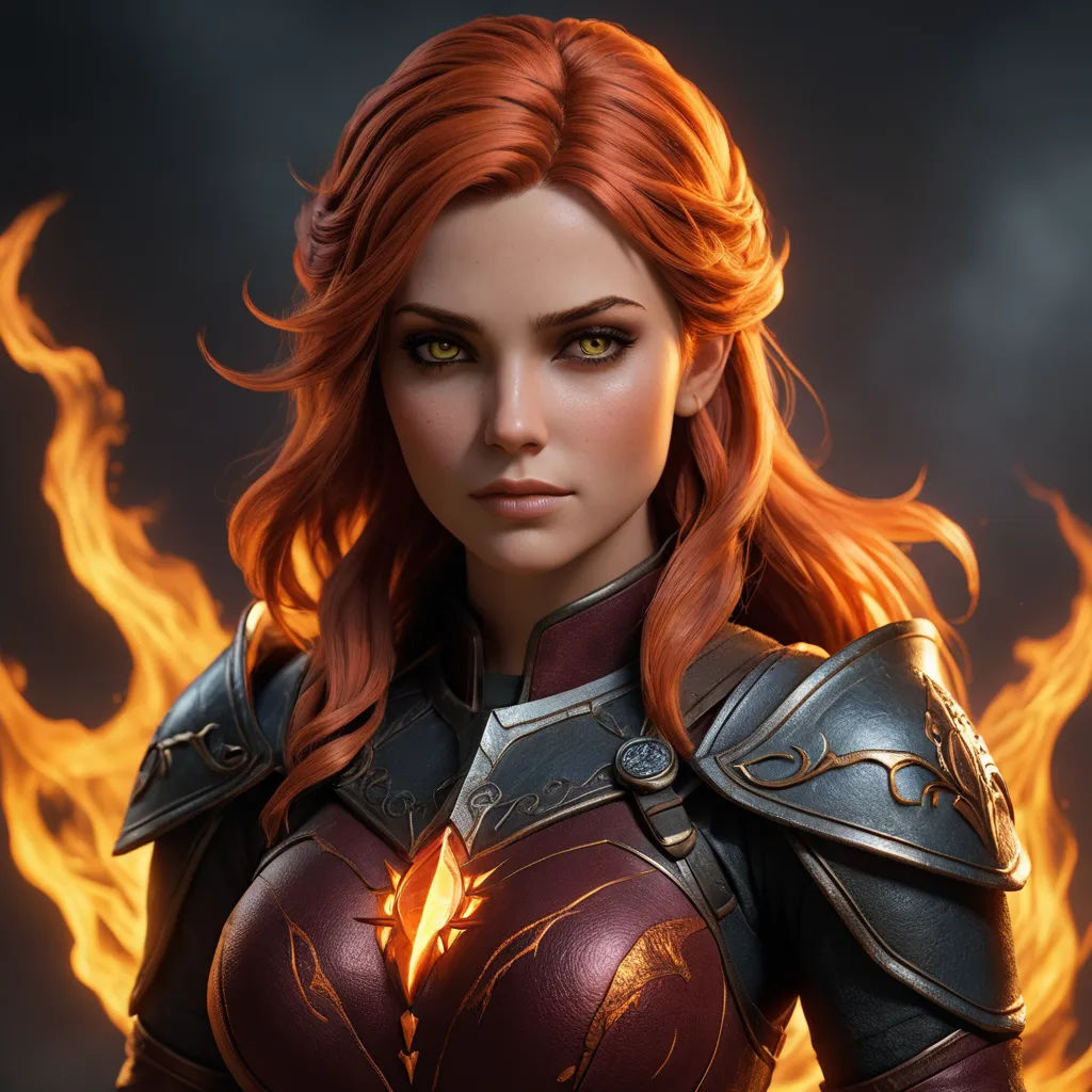 a woman with red hair and armor standing in front of a fire background with flames behind her and a black background, fantasy art, concept art, Clint Cearley, trending on artstation hq