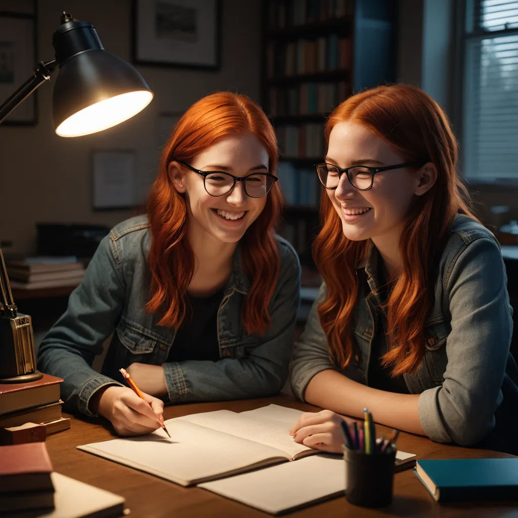 two women sitting at a table with a book and pen in front of them, both smiling at the camera, academic art, a stock photo, Andries Both, split lighting