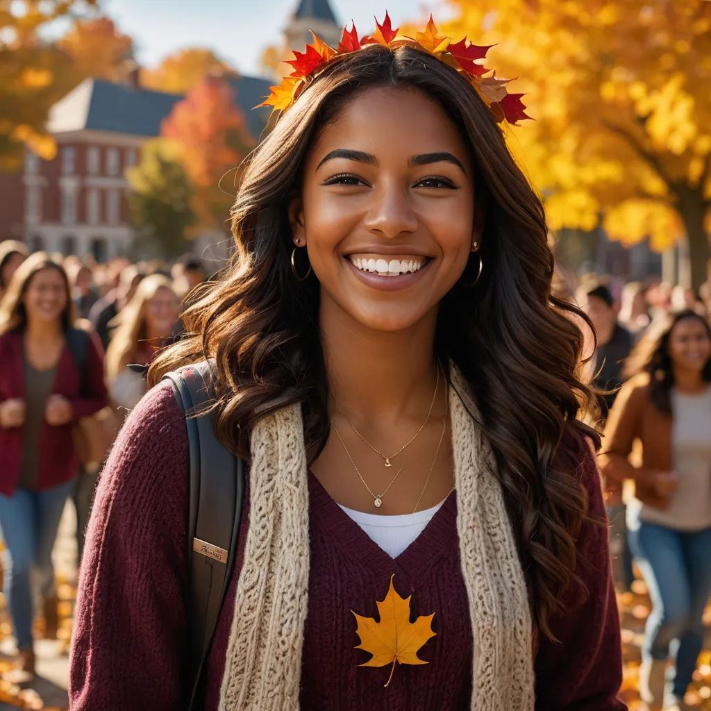 a woman with a leaf on her head smiles for the camera while walking in a crowd of people in autumn, american barbizon school, a stock photo, Bourgeois, promotional image