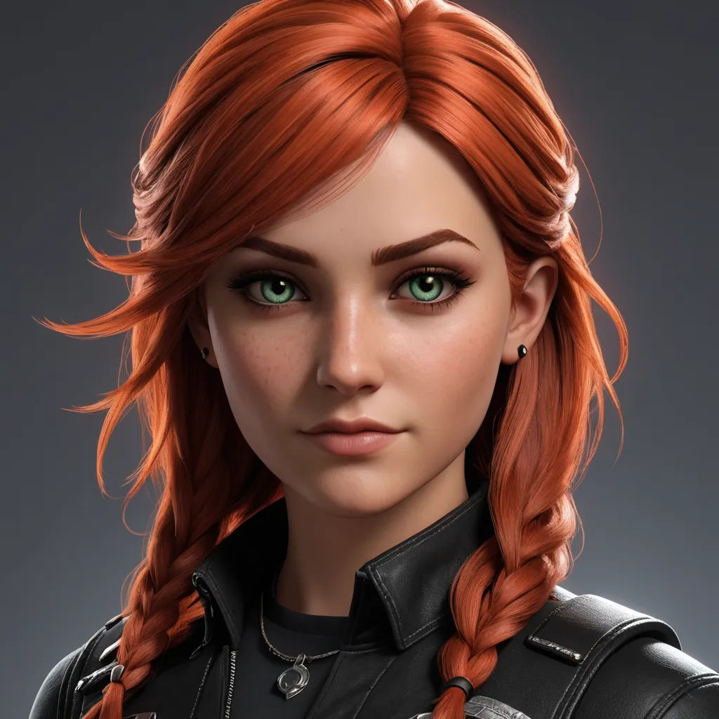 a woman with red hair and green eyes wearing a black jacket and braids with a black jacket on, photorealism, a character portrait, Eve Ryder, trending on artstation hq