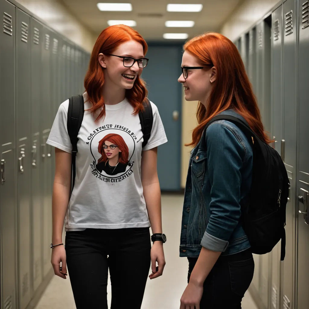 two girls standing in a hallway talking to each other with lockers behind them and a hallway with lockers behind them, northwest school, a stock photo, Barbara Greg, promotional image