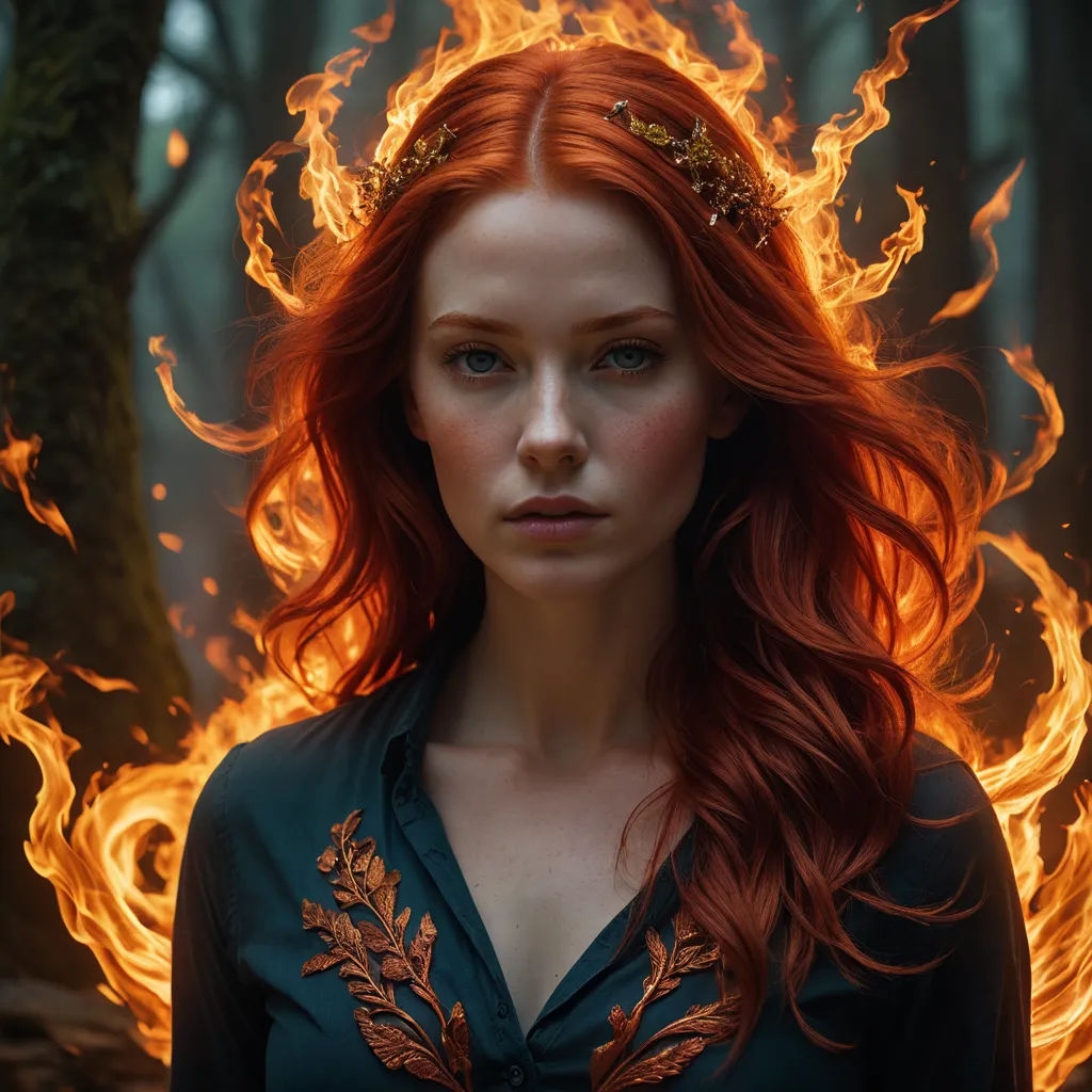 a woman with red hair and a crown of fire around her head is staring at the camera with a serious look on her face, fantasy art, a photorealistic painting, Dave Melvin, epic fantasy character art