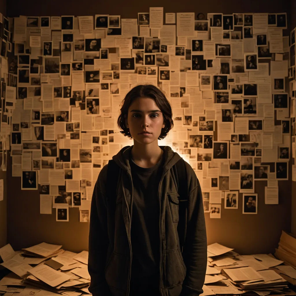 a person standing in front of a wall covered in papers and photos of people in the background with a light on, serial art, a character portrait, Clarice Beckett, promotional image