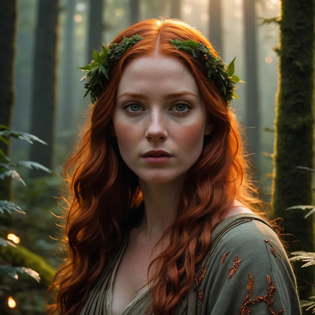 a woman with red hair and a wreath of leaves on her head in a forest setting with sunlight streaming through the trees, pre-raphaelitism, a character portrait, Evaline Ness, leesha hannigan