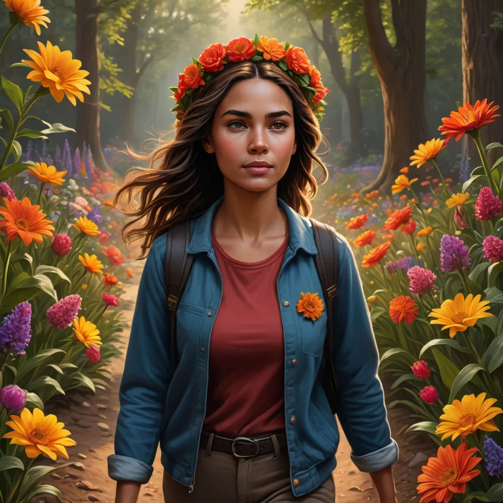 a painting of a woman walking through a forest with flowers in her hair and a blue jacket on her shoulders, fantasy art, a character portrait, Dan Mumford, key art