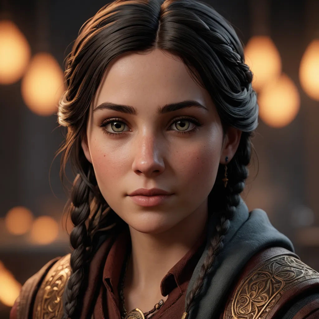 a woman with braids and a brown shirt and a brown shirt and a brown shirt and a brown shirt, photorealism, computer graphics, Ada Hill Walker, unreal engine 5 highly rendered