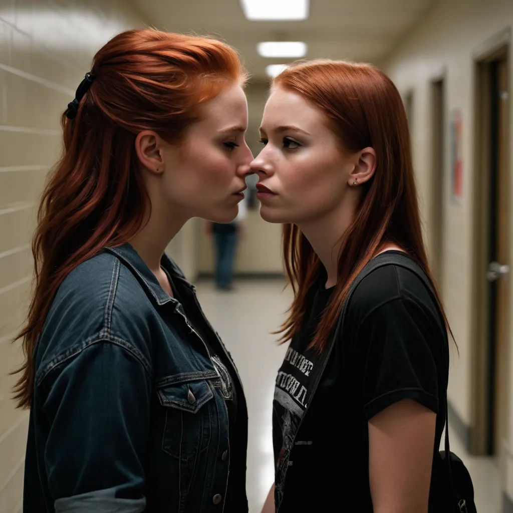 two girls are kissing in a hallway with a wall in the background and a person standing in the hallway, tachisme, a poster, Felix-Kelly, movie still