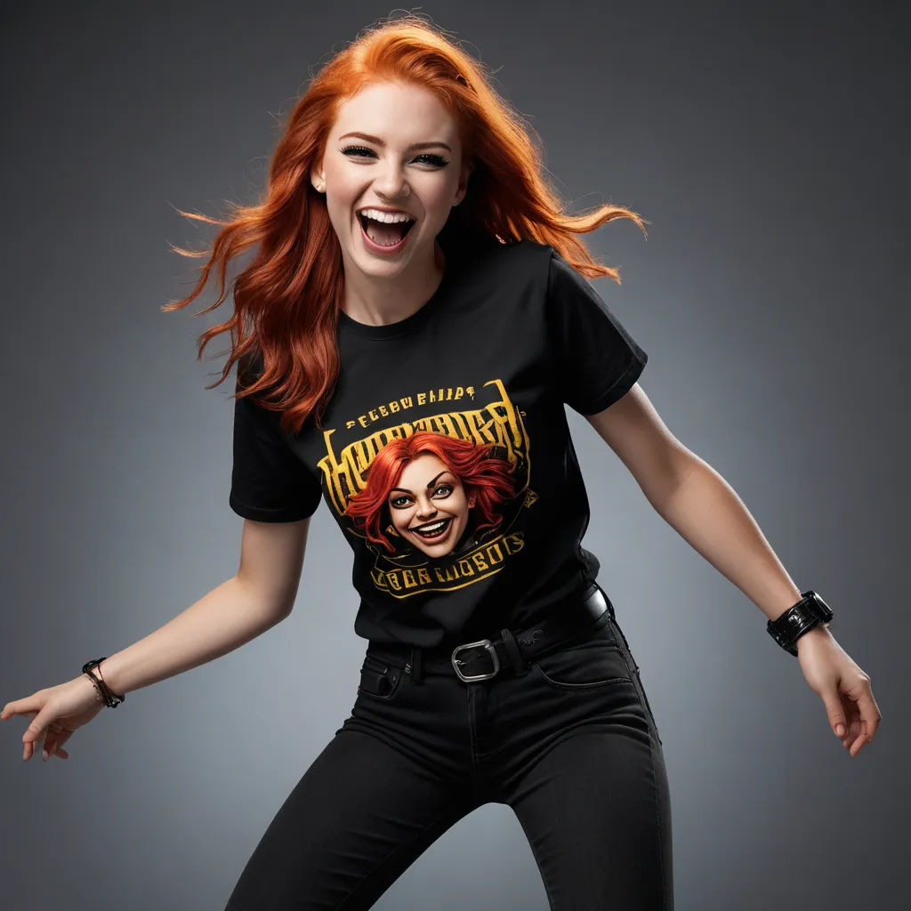 a woman with red hair is wearing a black shirt and jeans and is laughing and holding her arms out, private press, a character portrait, Barbara Greg, promotional image