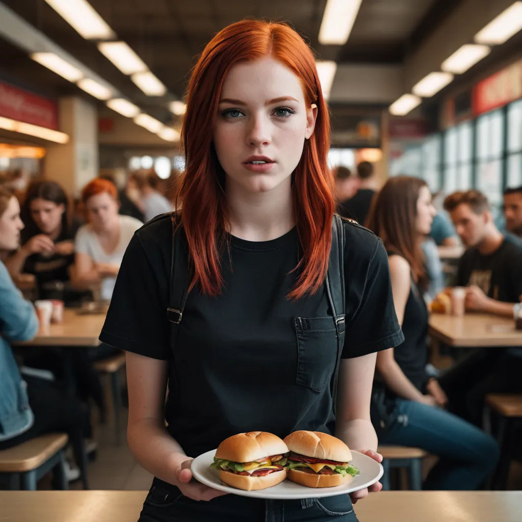 a woman holding a plate with two sandwiches on it in a restaurant with people sitting at tables in the background, hyperrealism, a stock photo, Elsa Bleda, cinematic photography