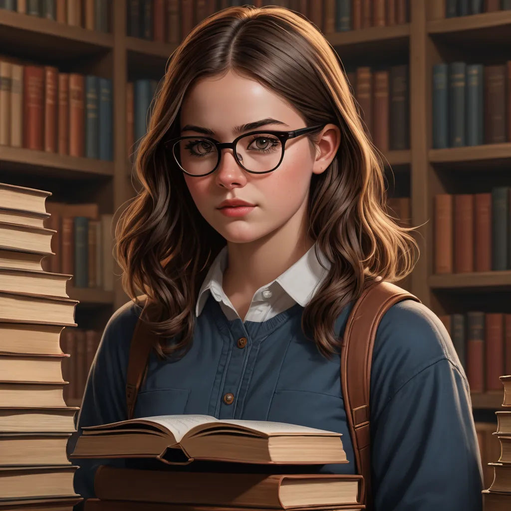 a woman with glasses is standing in front of a bookcase with books on it and a book in her hand, academic art, a character portrait, Artgerm, trending on art station