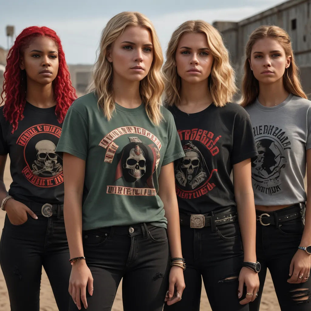 three women standing next to each other in front of a building with a skull on it's chest, antipodeans, concept art, Christian Hilfgott Brand, promotional image