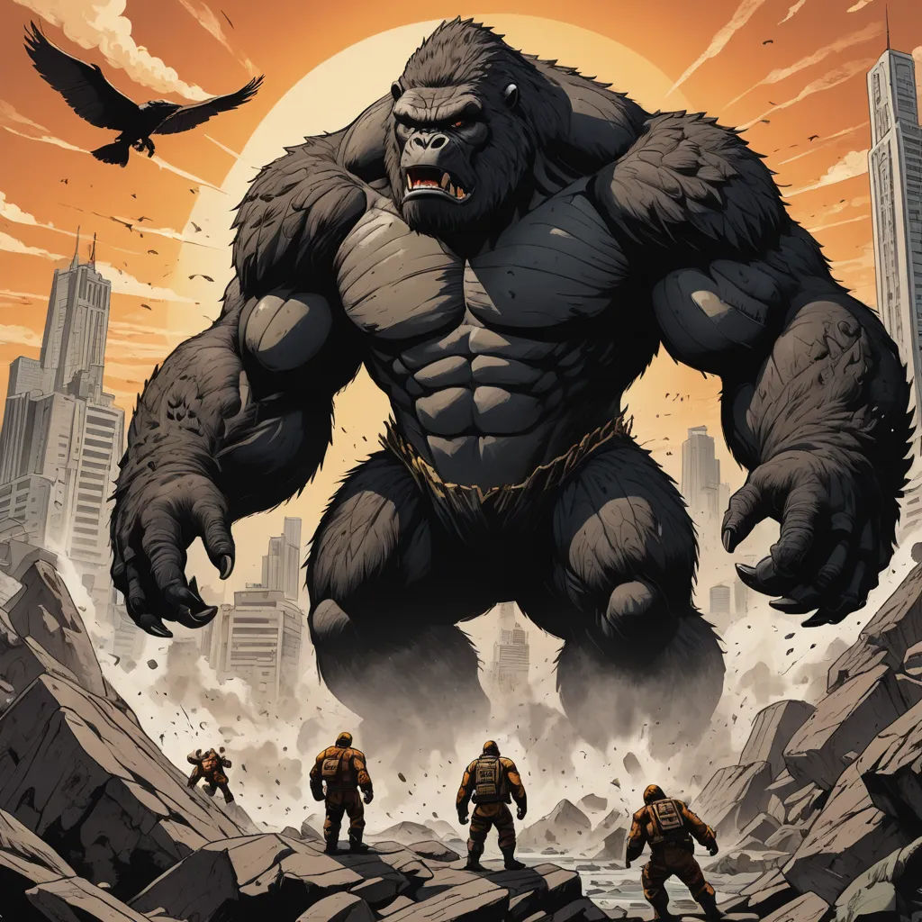 a poster of a giant gorilla standing in front of a city skyline with a bird flying over it and a group of men in front of him, furry art, a comic book panel, Alex Petruk APe, comic cover art