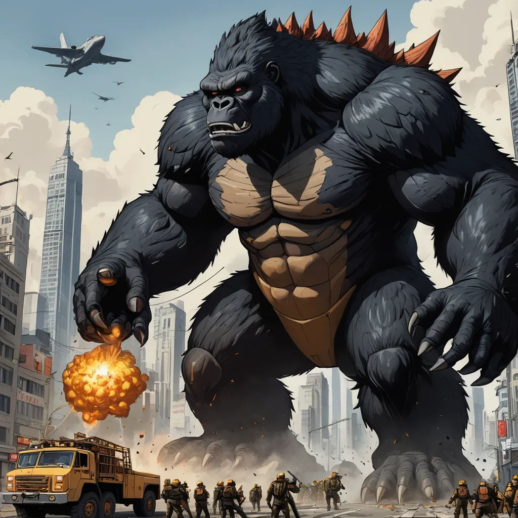 a big gorilla is holding a bomb in his hand and a group of soldiers are in the background in a city, altermodern, a comic book panel, Chris LaBrooy, 2 d game art