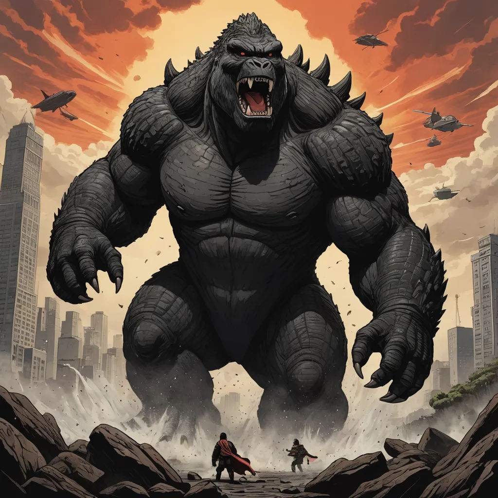 a godzilla is standing in the middle of a rocky area with a city in the background and a man on a horse, sots art, a comic book panel, Anthony Palumbo, comic cover art