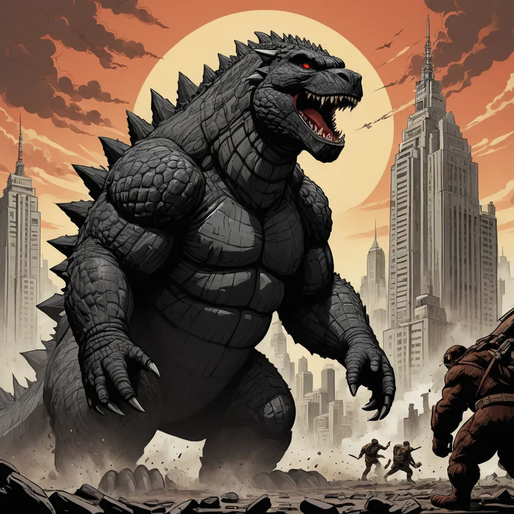 a godzilla and a soldier in a city setting with a giant city in the background, with a giant sun in the background, sots art, a comic book panel, Dan Mumford, laurie greasley