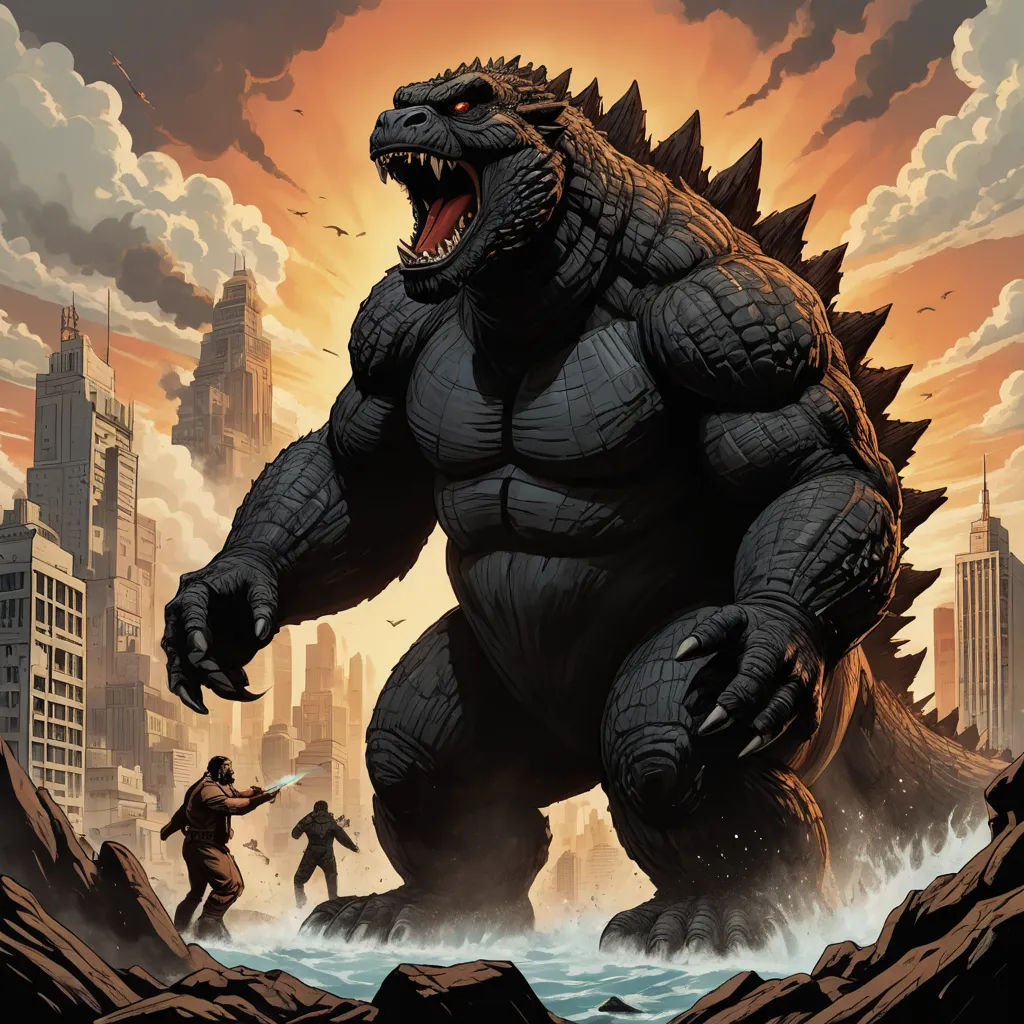 a godzilla is standing in the water with a man nearby in a cityscape scene with a giant godzilla, sots art, a comic book panel, Dan Mumford, comic cover art