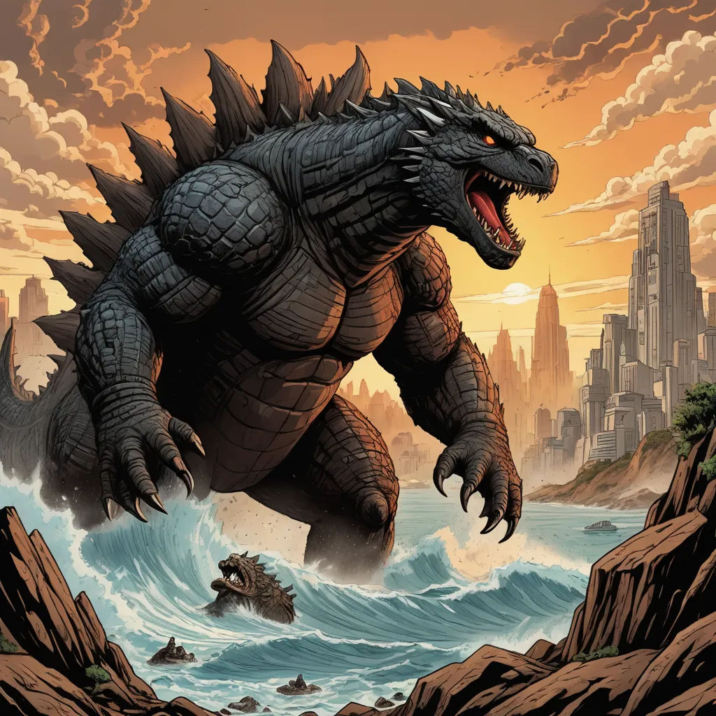 a godzilla is in the water near a boat and a cityscape in the background with a boat in the water, sots art, a comic book panel, Dan Mumford, official art