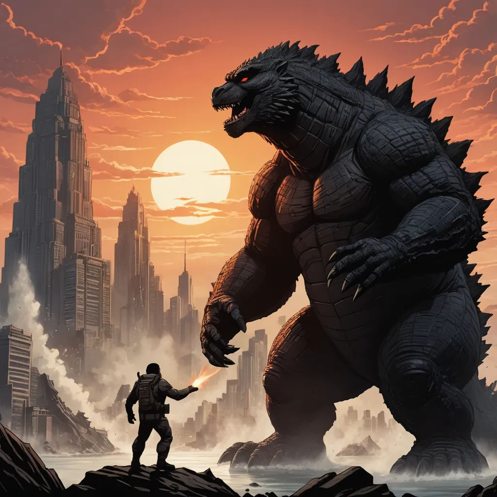 a godzilla and a man in a sci - fi setting with a city in the background, with a rising sun, sots art, poster art, Dan Mumford, comic cover art