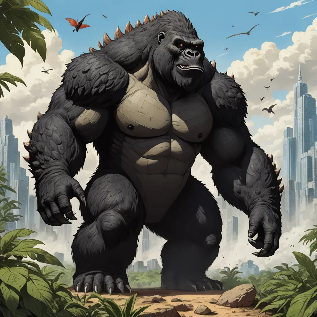 a big gorilla standing in the middle of a jungle with a city in the background and birds flying overhead, furry art, an ultrafine detailed painting, Chris LaBrooy, magic the gathering artwork
