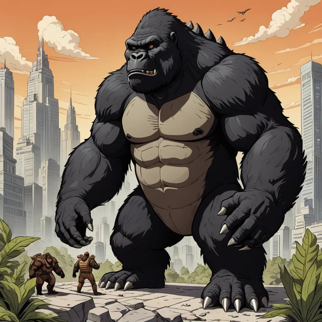 a big gorilla standing in front of a city skyline with two men walking by it and a man in a suit, furry art, a comic book panel, Alex Petruk APe, comic cover art