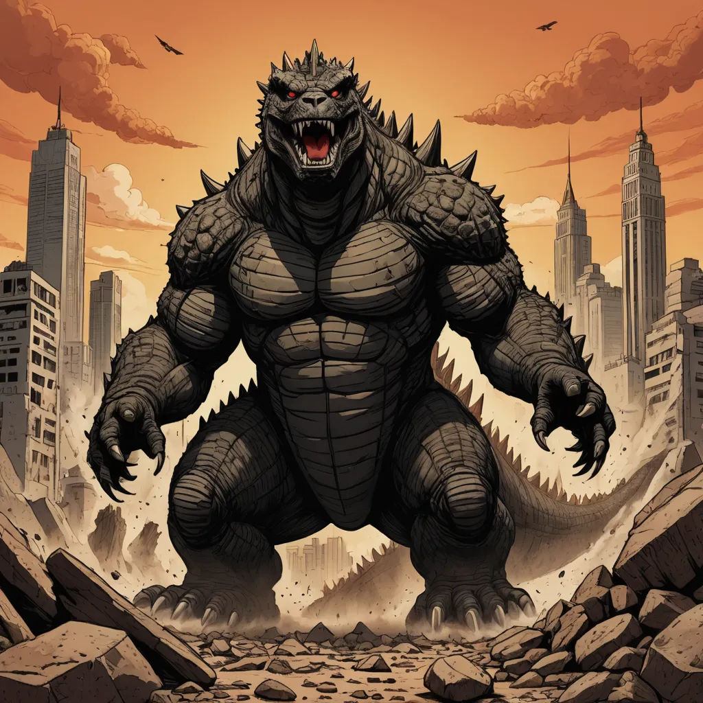a godzilla is standing in a rocky area with a city in the background and a bird flying overhead in the sky, sots art, a comic book panel, Adam Rex, official art