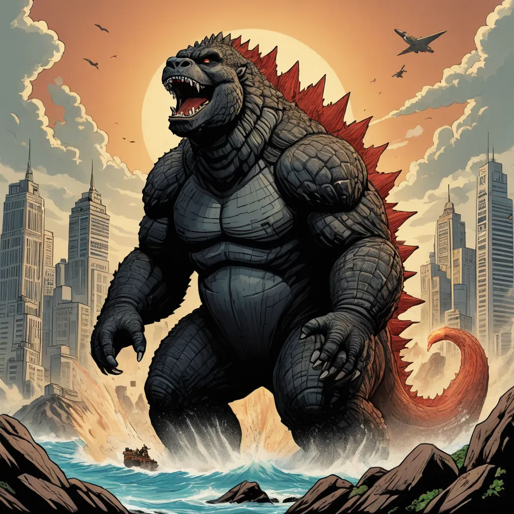 a godzilla is standing in the water with a city in the background and a plane flying overhead in the sky, ukiyo-e, a comic book panel, Dan Mumford, laurie greasley