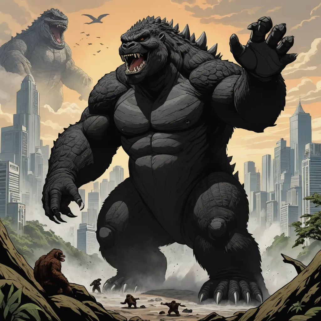 a godzilla is standing in the middle of a jungle with a gorilla in the background and a city skyline, sots art, a comic book panel, Adam Rex, official art