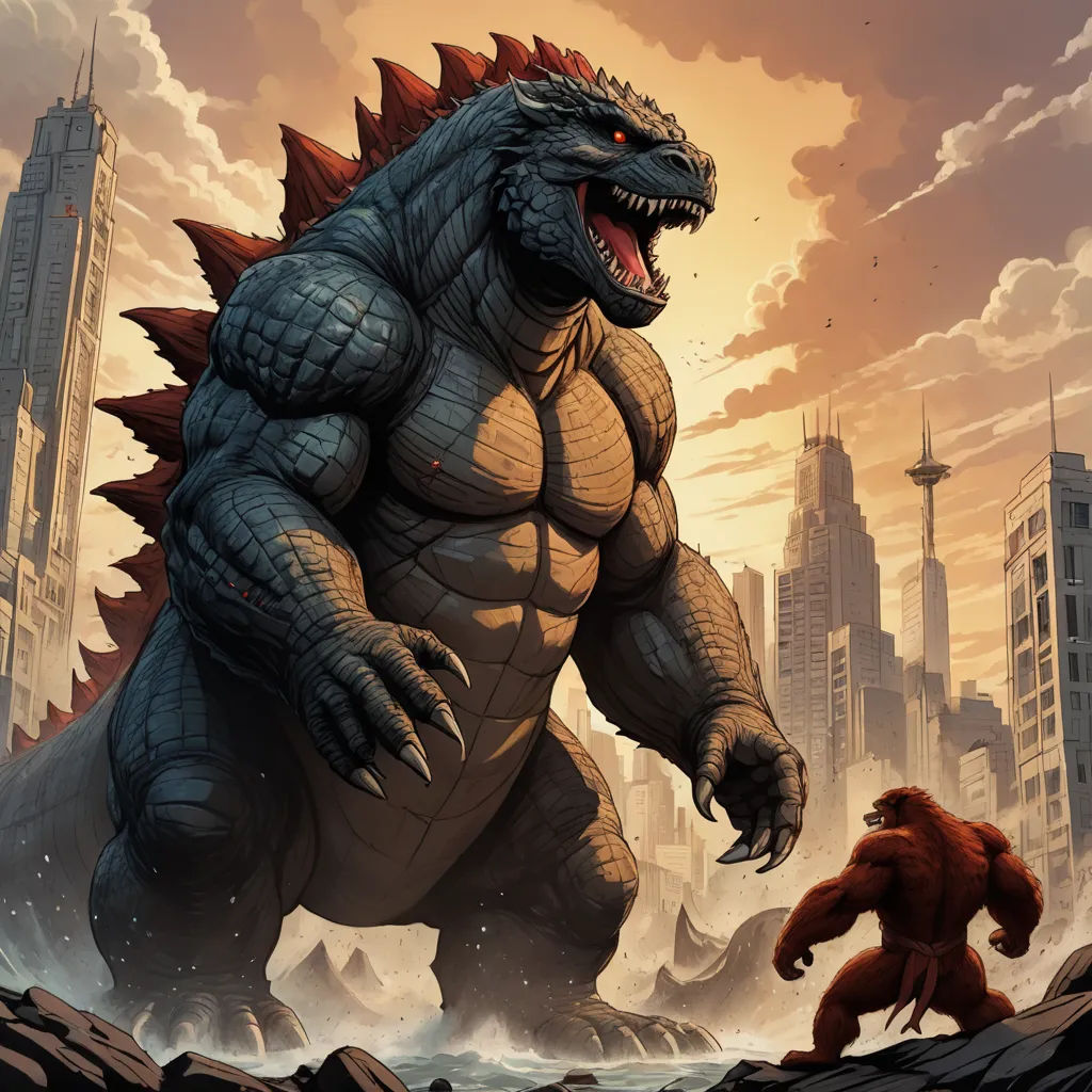 a godzilla and a gorilla fight in a cityscape scene with skyscrapers in the background and a red gorilla in the foreground, furry art, a comic book panel, Adam Rex, comic cover art