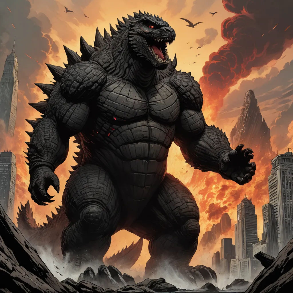 a godzilla is standing in a rocky area with a city in the background and a bird flying overhead in the sky, altermodern, a comic book panel, Adam Rex, official art
