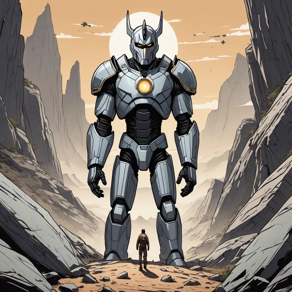a man standing in front of a giant robot in a rocky area with a person standing next to him, sots art, concept art, Dan Mumford, comic cover art