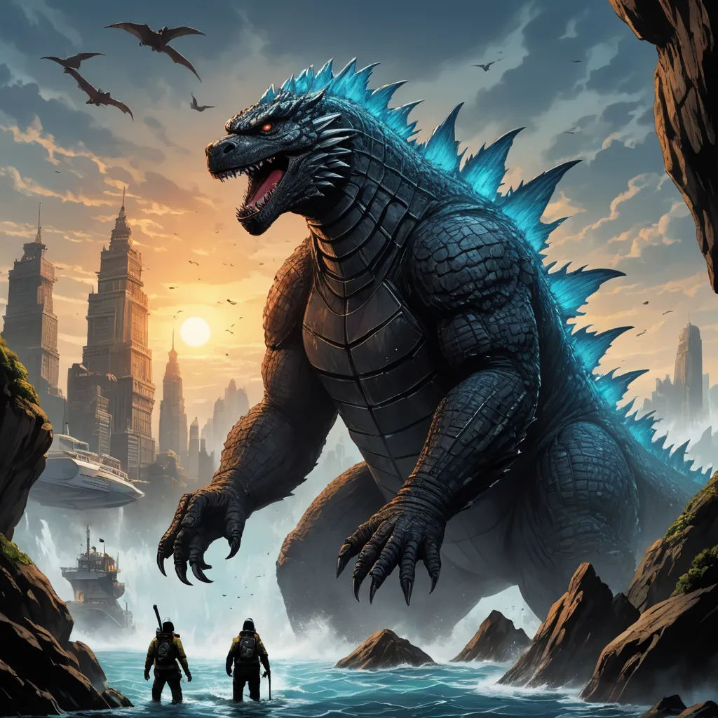 a godzilla is standing in the water with two men standing nearby in front of a cityscape with a large, massive, blue, sharp - headed monster like creature, sots art, poster art, Dan Mumford, art greg rutkowski