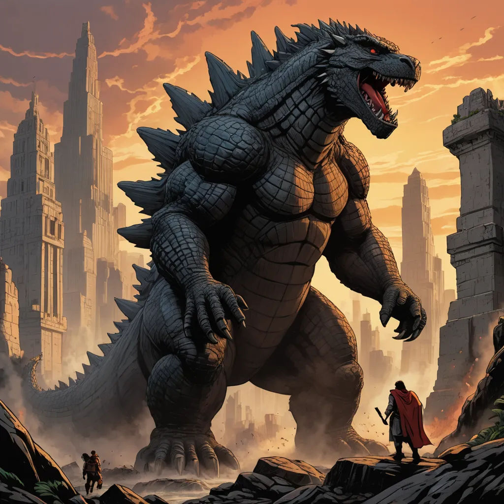 a godzilla standing in a rocky area with a city in the background and a man standing on a rock, sots art, a comic book panel, Dan Mumford, official art