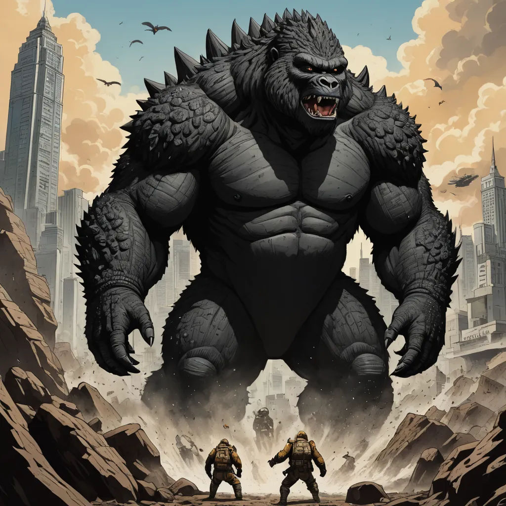 a poster of godzillas in a rocky area with a city in the background and birds flying overhead in the sky, sots art, a comic book panel, Anthony Palumbo, comic cover art