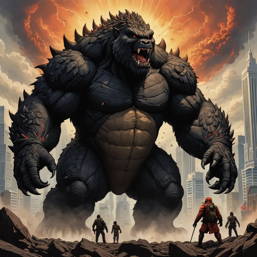 a godzilla with a massive head and two men standing in front of a city skyline with a giant monster, sots art, a comic book panel, Alex Petruk APe, comic cover art