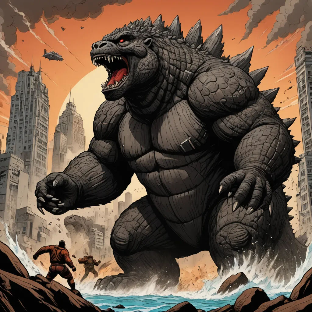 a godzilla is attacking a man in a city setting with a helicopter in the sky above him and a ship in the background, sots art, a comic book panel, Adam Rex, official art