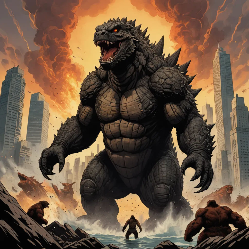 a godzilla is standing in the water with a city in the background and a man in the foreground, altermodern, a comic book panel, Dan Mumford, laurie greasley