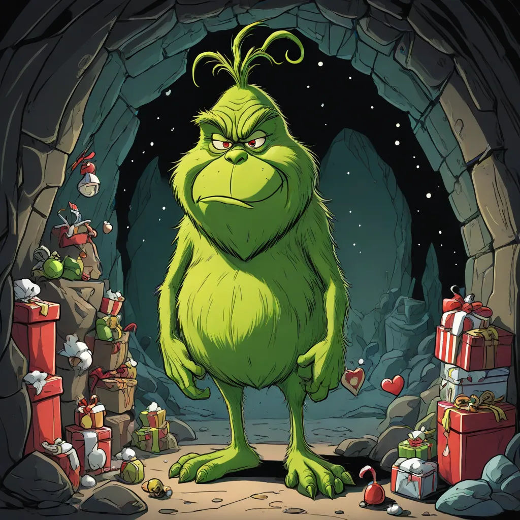 a cartoon of a green monster standing in a cave with presents around him and a star above it,, a character portrait, Ernest William Christmas, cynical realism, official art