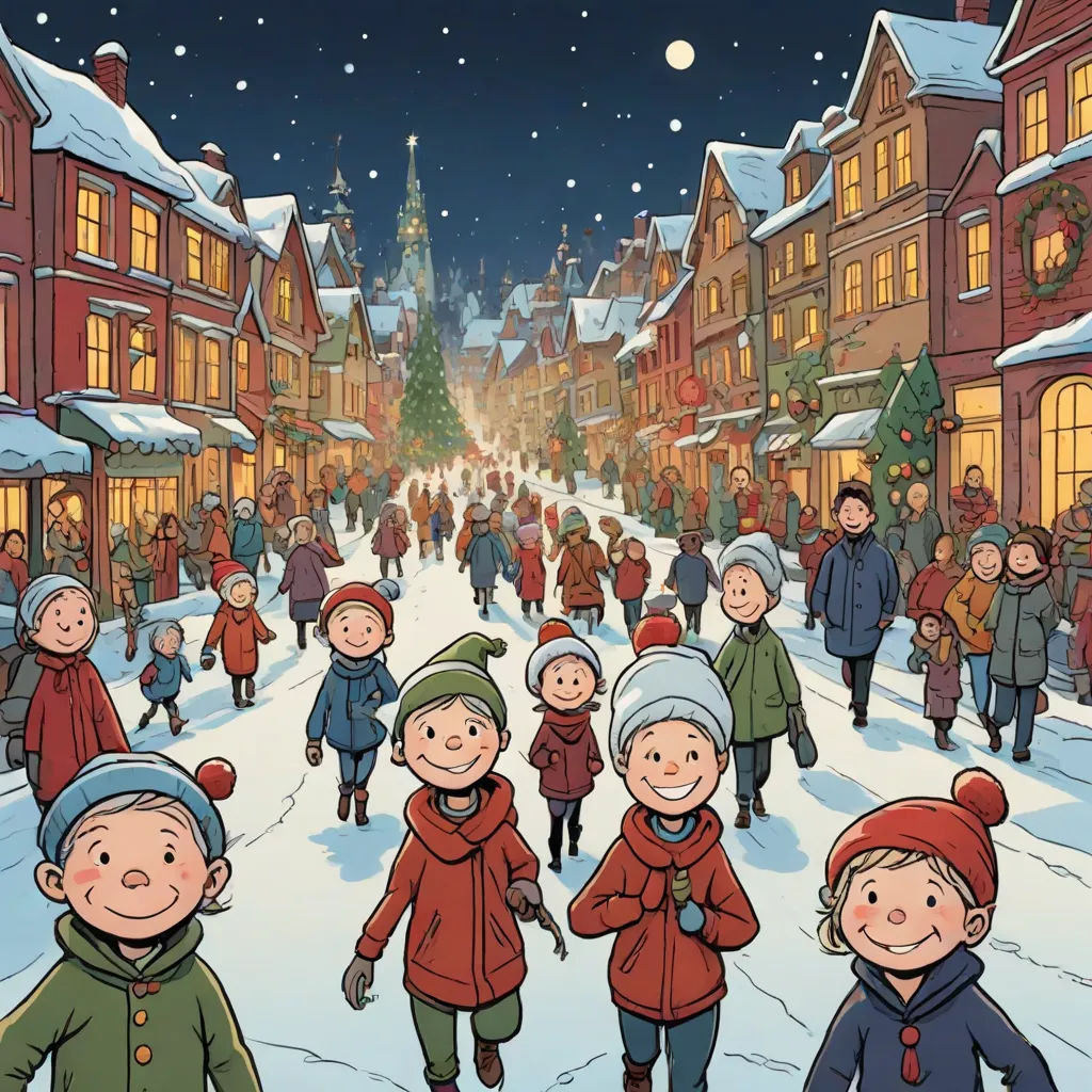 a group of people walking down a snow covered street in front of a christmas tree and a building with a clock, a storybook illustration, Cliff Childs, naive art, promotional image