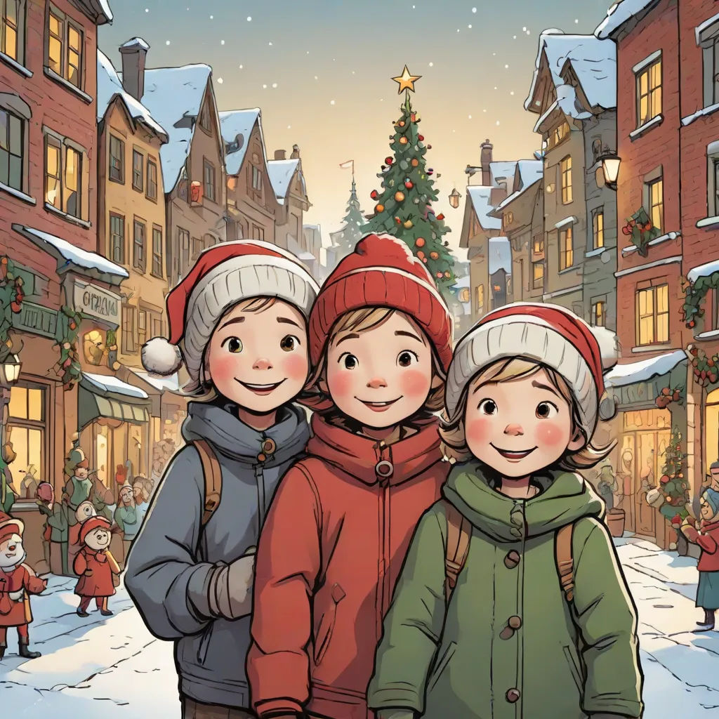 three children in winter clothes standing in front of a christmas tree in a snowy town square with a christmas tree in the background, a storybook illustration, Cliff Childs, naive art, official art