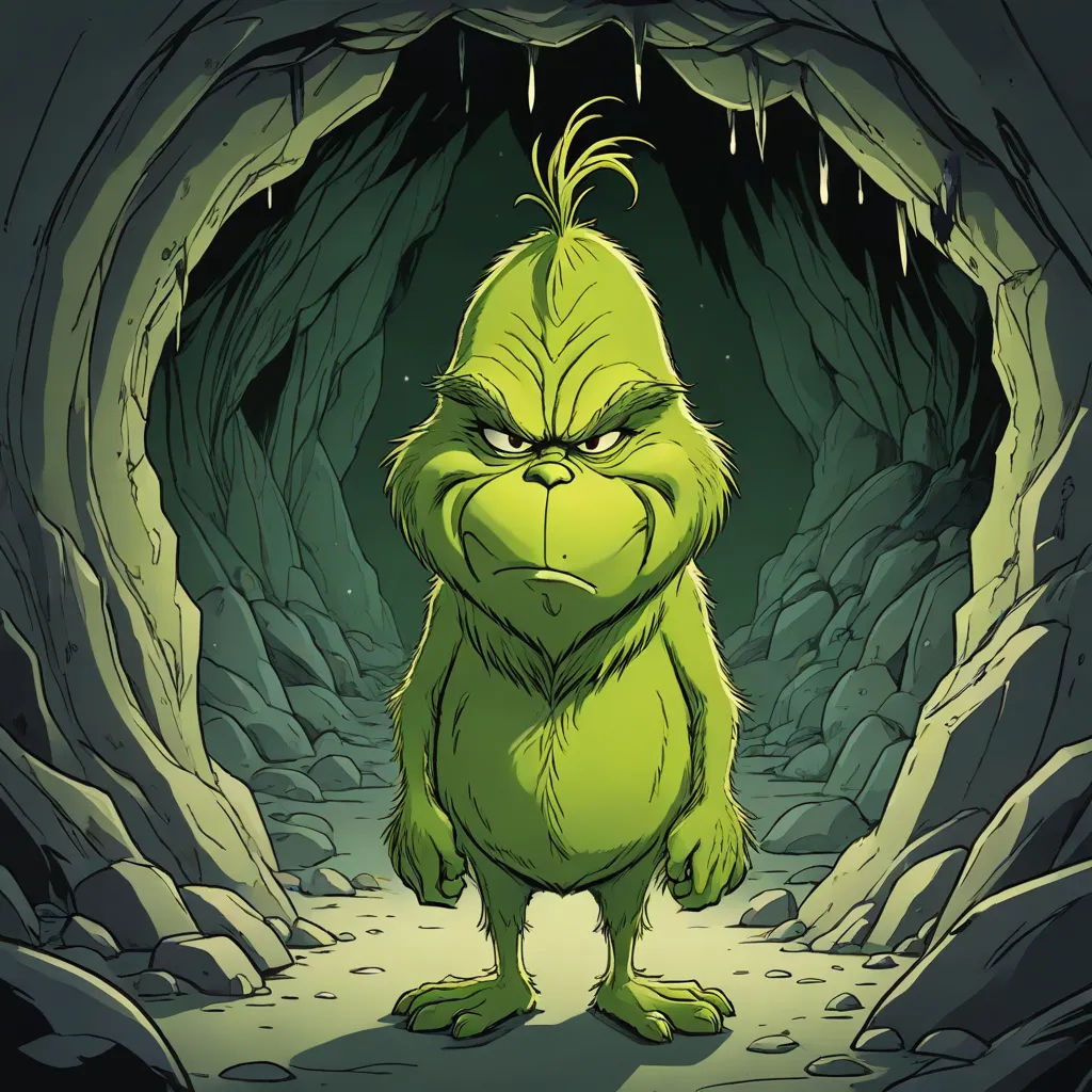 a cartoon character is standing in a cave with a griny griny griny griny griny griny griny griny griny griny griny griny griny griny griny griny griny, a character portrait, Cliff Childs, digital art, green